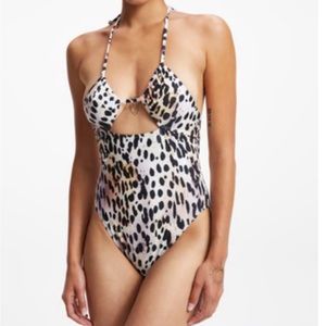 Good American Leopard Satin Ruched Halter One-Piece